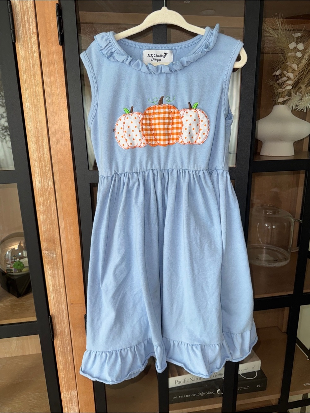 Pumpkins applique dress ruffle fall halloween toddler girl sleeveless gingham